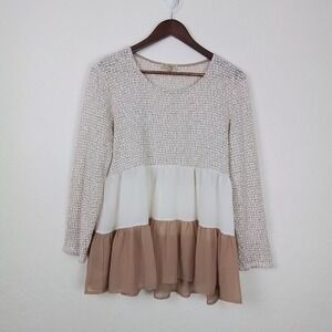Oh Gussie Womens Blouse‎ M Tan Cream Chiffon Peplum Layered Long Sleeve Knit